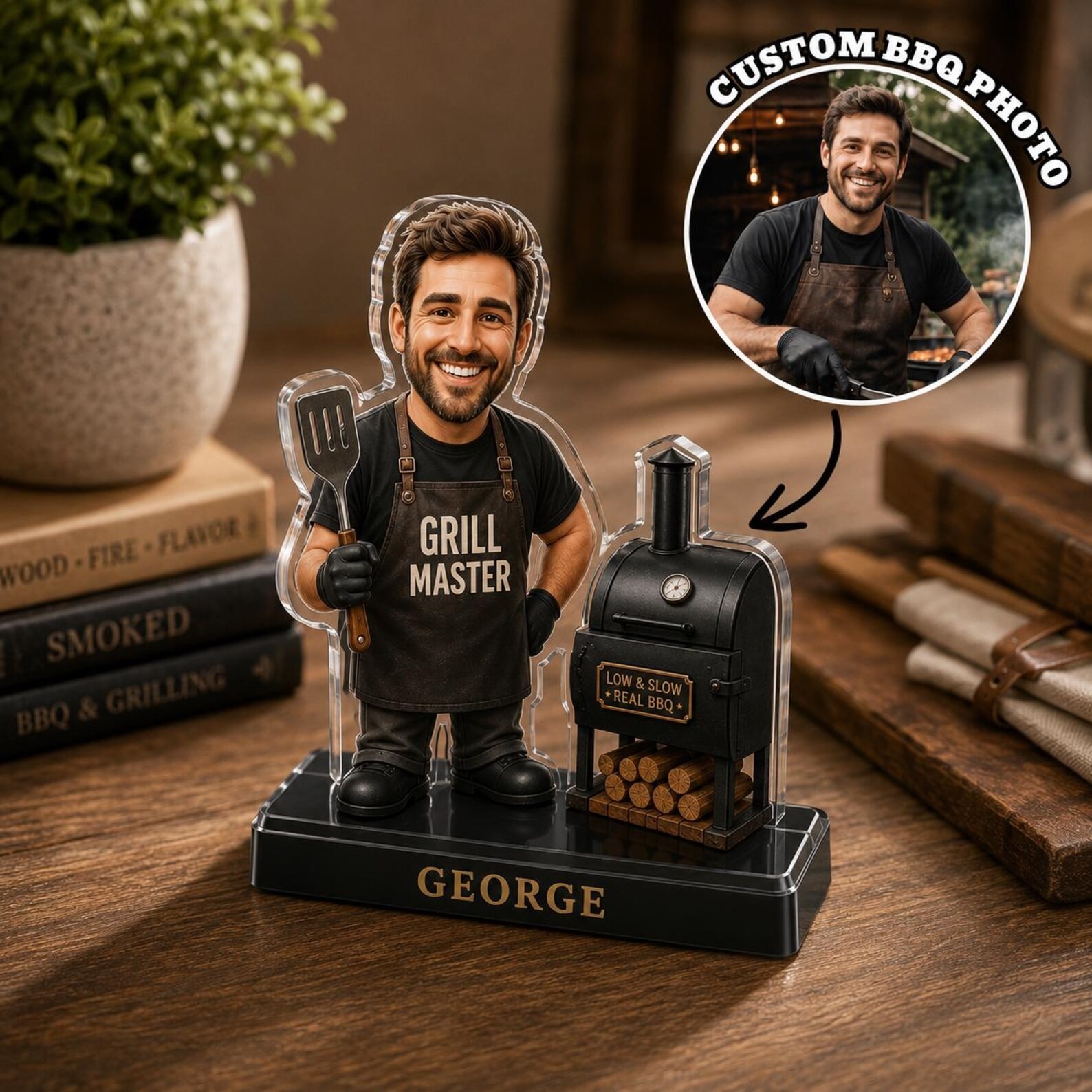 custom-bbq-grill-master-photo-face-acrylic-desk-figurine-gift Custom BBQ Grill Master Photo Face Acrylic Desk Figurine Gift - Image 1