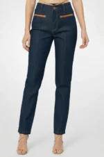 Ladies Straight Leg Jeans High Waist Dark Indigo Front Seam Ankle Crop - Image 3