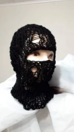 Handmade Crochet Balaclava Black Open-Knit Ski Mask Streetwear