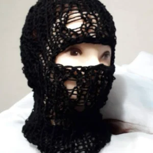 Handmade Crochet Balaclava Black Open-Knit Ski Mask Streetwear