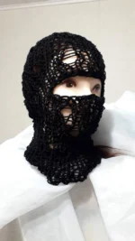Handmade Crochet Balaclava Black Open-Knit Ski Mask Streetwear - Image 3