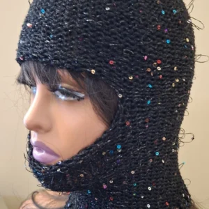 Handmade Sequin Knit Balaclava Black Sparkle Ski Mask, Streetwear