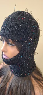 Handmade Sequin Knit Balaclava Black Sparkle Ski Mask, Streetwear - Image 3