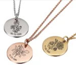 Personalised Birth Flower Necklace Custom Engraved Date Gift Her