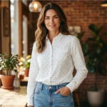 White Polka Dot Button-Up Shirt Casual Long Sleeve Top