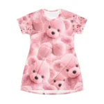 Pink Teddy Bear Print T-Shirt Dress Short Sleeve Casual Mini - Image 3