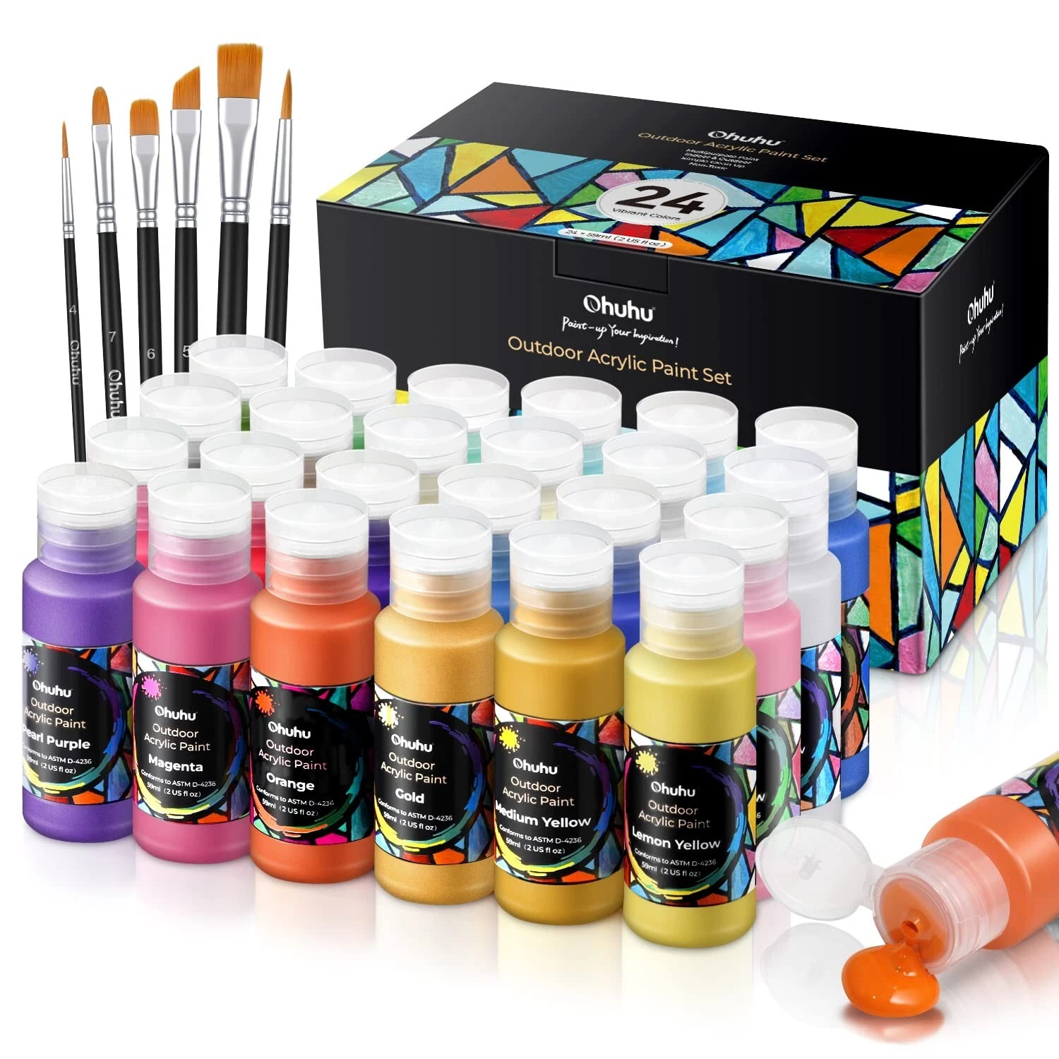 s-l1600 (2) Ohuhu Outdoor Acrylic Paint Set 24 Colors 6 Brushes Weather Resistant - Image 1