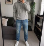 Mens Denim Joggers Faded Blue Cuffed Ankle Elastic Waist Casual Jeans