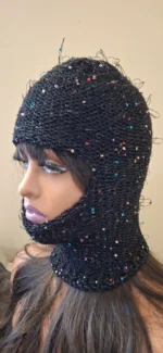 Handmade Sequin Knit Balaclava Black Sparkle Ski Mask, Streetwear - Image 2