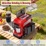 Lithium-Ion Portable Coffee Maker Built-In Grinder Camping Red - Image 3