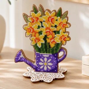 3D Diamond Painting Kit on Wood Floral Watering Can Standing Decor