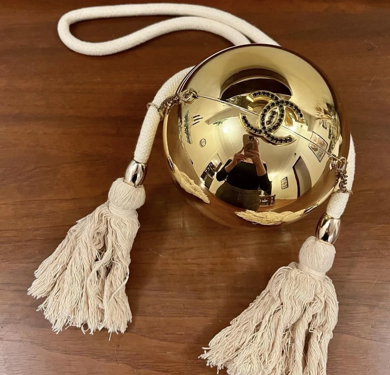 s-l1600 (3) Chanel Gold Ball Minaudière Bag with Cream Rope Tassels CC Logo - Image 1