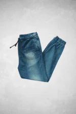 Mens Denim Joggers Faded Blue Cuffed Ankle Elastic Waist Casual Jeans - Image 3