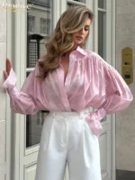 Clacive Women's Puff Sleeve Blouse Lantern Sleeve Chiffon Top White - Image 4