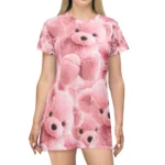Pink Teddy Bear Print T-Shirt Dress Short Sleeve Casual Mini