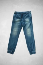 Mens Denim Joggers Faded Blue Cuffed Ankle Elastic Waist Casual Jeans - Image 2