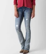 Womens Bootcut Distressed Ripped Low Rise Jeans Embroidered
