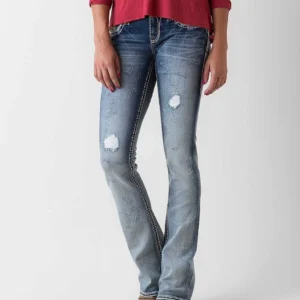 Womens Bootcut Distressed Ripped Low Rise Jeans Embroidered